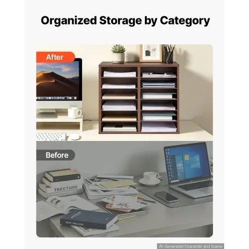 VEVOR Dokumentenablage Holz Schreibtisch Organizer mit 12 Fächern Braun, Ablagefach für Standard-A4-Dokumente Akten & Papiere, mit Verstellbaren Einlegböden für Büro, Zuhause & Klassenzimmer, MDF – Bild 2