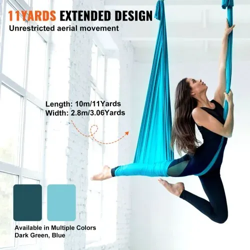 VEVOR Aerial Yoga Hängematte Set 10 x 2,8 m, Blau Aerial Yoga Swing Air Fliegen, Indoor Aerial Yoga Hammock Swing 1000 kg Max. Tragfähigkeit, inkl. Yoga-Socken & Stahlkarabiner & Alu-Drehgelenk – Bild 3