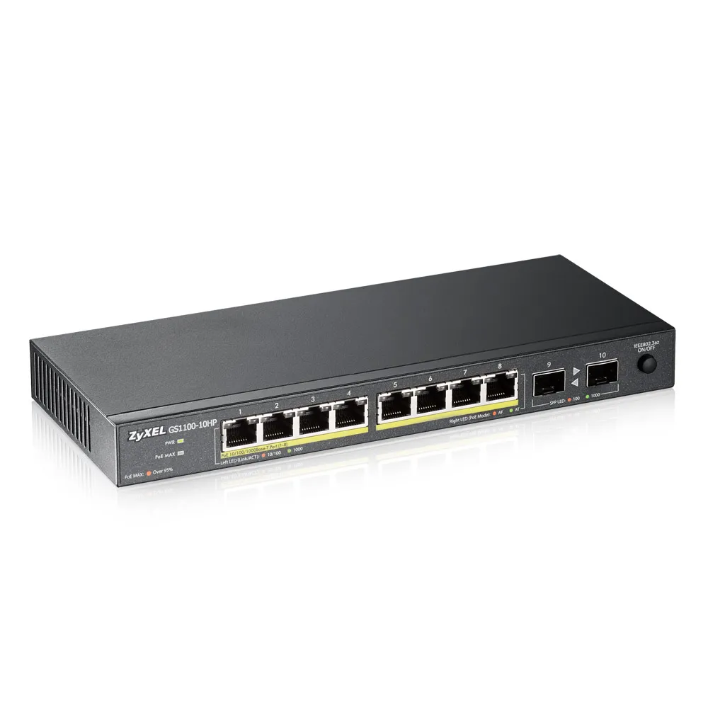 Zyxel Switch unmanaged Layer2 10 Port • 8x 1 GbE • PoE Budget 130 Watt • 8x PoE at • 2x SFP • Desktop • Lüfterlos • GS1100-10HPV2 – Bild 2