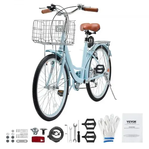 VEVOR Cruiser Fahrrad mit 7 Gängen (Reifendurchmesser 61 cm)Beach Fahrrad mit großem Korb & Gepäckträger, Cruiser-Fahrrad mit verstellbarem Sitz, für Radfahren & Trainieren & Einkaufen Blau – Bild 8