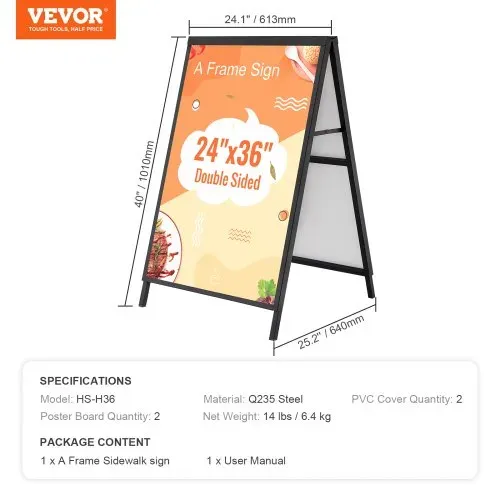 VEVOR Kundenstopper Gehwegaufsteller Werbetafel 61 x 91 cm, Plakatständer Q235-Stahl Plakatständer mit A-Rahmen, Werbeaufsteller Gehwegaufsteller für Restaurants, Bars, Cafés, Unternehmen usw. – Bild 6
