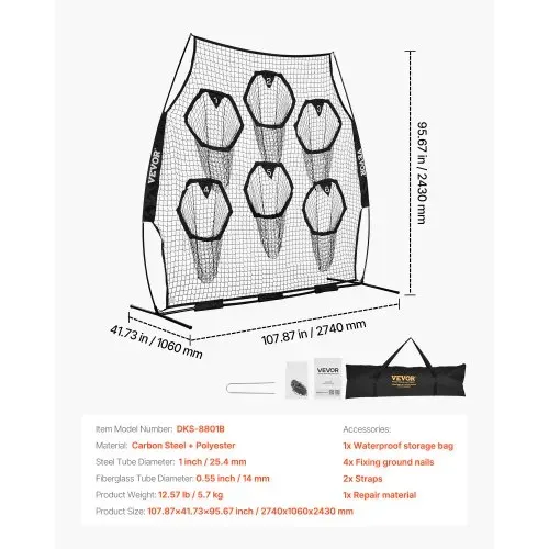 VEVOR Fußballtrainer Wurfnetz Übungsnetz (274 x 106 x 243 cm) mit 6 Zieltaschen & tragbarer Aufbewahrungstasche & Gurten, Wurfziel-Training für die Passgenauigkeit des Quarterbacks, Schwarz – Bild 6