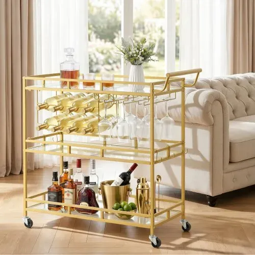 VEVOR Barwagen mit 3 Ebenen, Servierwagen mit Glashalter, Weinablage & Griff, Getränkewagen als Rollwagen für Wohnzimmer, Esszimmer und Küche, Küchenwagen in Goldfarben 880 x 380 x 890 mm – Bild 7