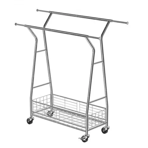 VEVOR Kleiderständer Garderobenständer rollbar mit 2 Kleiderstangen & Aufbewahrungskorb, bis 150 kg belastbar ausziehbarer Kleiderständer aus Karbonstahl für Schlafzimmer Waschküche Wohnzimmer – Bild 10