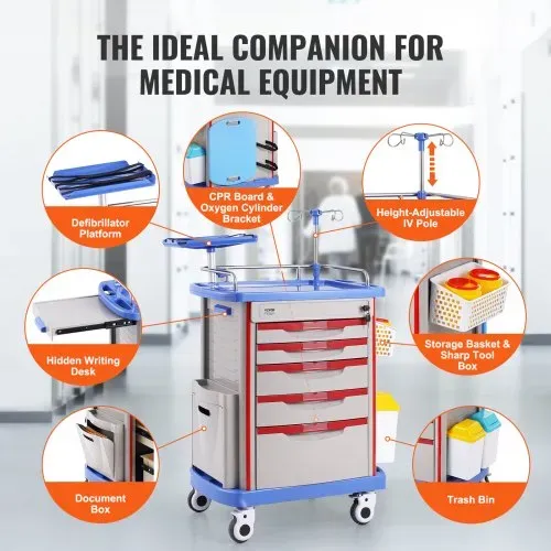 VEVOR Laborwagen Laborhilfswagen 5-stöckig, mobiler medizinischer Wagen aus PP-Material, mit 4 leisen Rädern & 5 Schubladen, Laborrollwagen Salonwagen für Labor, Klinik, Krankenhaus, Salon, Blau – Bild 3