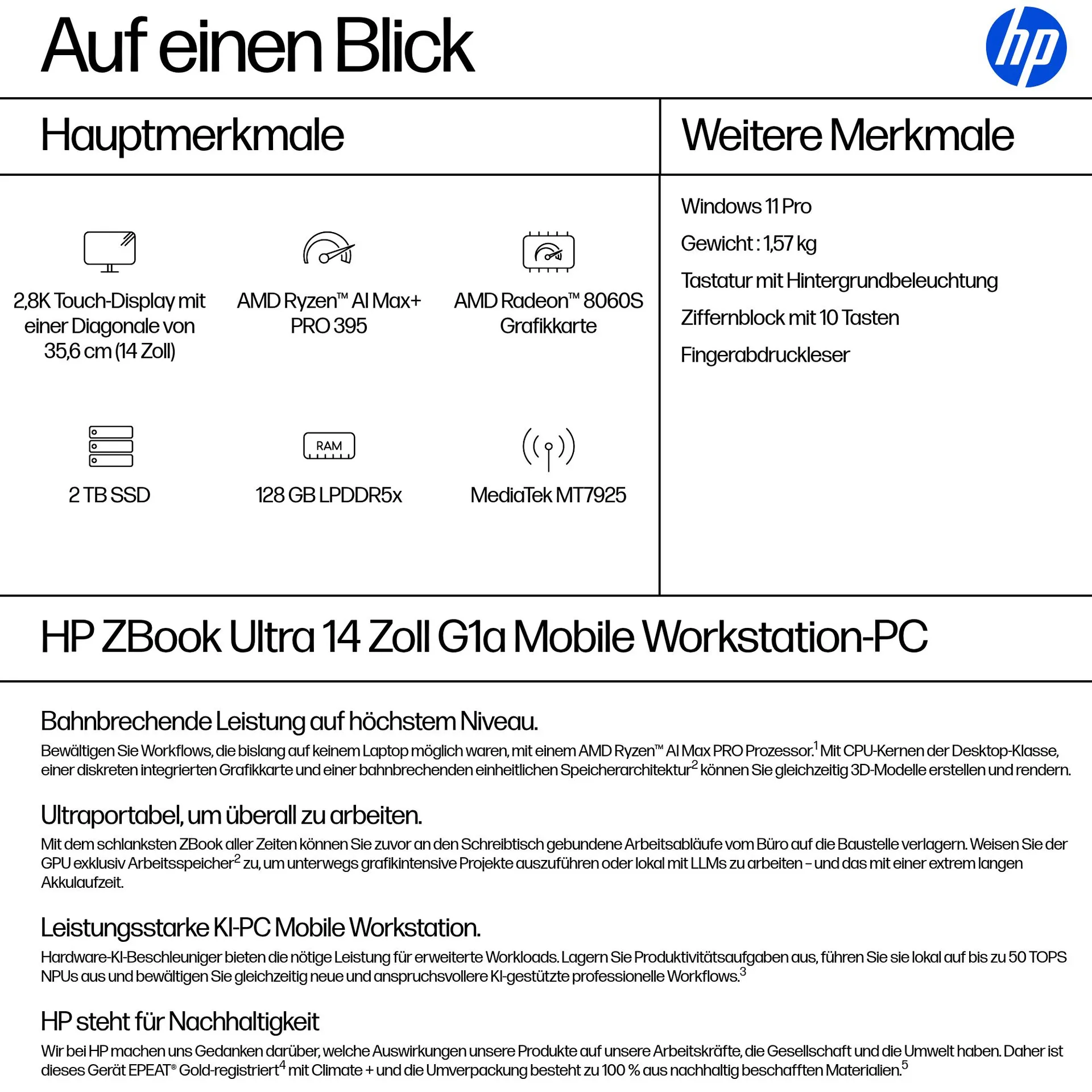 HP ZBook Ultra G1a Copilot+ PC AMD Ryzen AI Max+ PRO 395 35,6 cm (14") Touchscreen 2.8K 128 GB LPDDR5x-SDRAM Wi-Fi 7 (802.11be) Windows 11 Pro AI Workstation, AI PC Silber – Bild 4