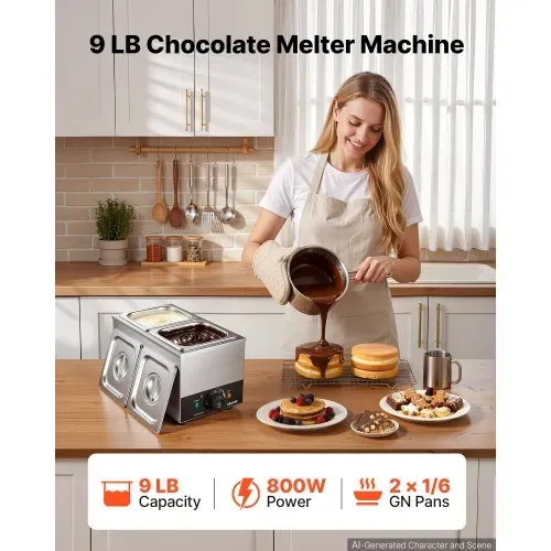 VEVOR Schokoladenschmelzmaschine 2 Abnehmbare Behälter Edelstahl 800 W, für Bäckereien, Konditoreien und Restaurants, mit Temperaturregelung 30–85 ℃, Trockenlaufschutz, Schokoladentempiermaschine VEVOR Schokoladenschmelzmaschine 2 Abnehmbare Behälter Edelstahl 800 W, für Bäckereien, Konditoreien und Restaurants, mit Temperaturregelung 30–85 ℃, Trockenlaufschutz, Schokoladentempiermaschine
