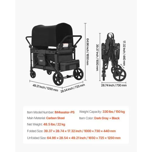 VEVOR Kinderwagen für 4 Kinder, Push-Pull-Reisebuggy mit verstellbarem Griff, Sicherheitsgurt und abnehmbarem Verdeck, 4-Sitzer-Bollerwagen für Camping, Dunkelgrau und Schwarz (150 kg Tragkraft) – Bild 6