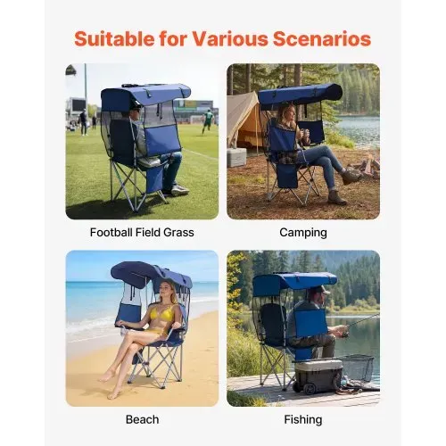 VEVOR Campingstuhl Faltstuhl 150 kg Belastbar, Anglerstuhl mit Sonnendach & Zeitschriftentasche, Klappstuhl mit 2 Getränkehaltern, für Outdoor-Aktivitäten Angeln Picknicks Camping Dunkelblau – Bild 6