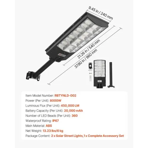 VEVOR Solar Straßenlaterne 450000LM, Straßenlampe 8000W, Solarleuchte mit Dämmerungssensor, LED-Flutlicht mit Bewegungsmelder, IP67 wasserdichte Außenbeleuchtung, für Einfahrt & Hof, 2er-Pack – Bild 6