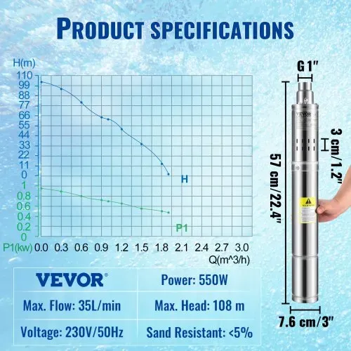 VEVOR 76mm Tiefbrunnenpumpe 550 W Brunnenpumpe max. Durchfluss 35 L/min Tauchpumpe max. Förderhöhe 108 m Tauchwasserpumpe sandbeständig <5% max. Drehzahl – Bild 6