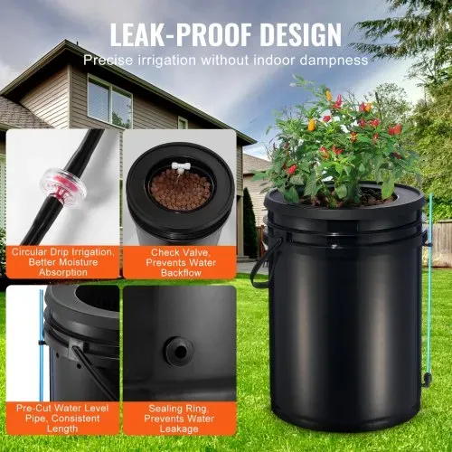 VEVOR DWC Hydroponics Grow System, Hydroponisches Anbausystem mit Top-Drip-Kit, Deep Water Culture 5-Gallonen-4-Eimer, mit Luftpumpe, Luftsteinen und Wasserstandsanzeige für Blattgemüse – Bild 3