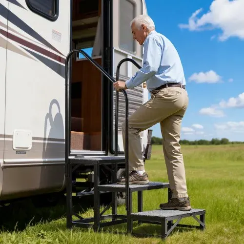 VEVOR Wohnmobiltreppe mit 2 Handläufen (3 Stufen), Standtreppe mit 300 kg Tragkraft, Außentreppe mit Rutschfester Matte für Senioren/Haustiere, Trittstufe für Camper, Mobilheim, Veranda, Pool und Spa – Bild 7