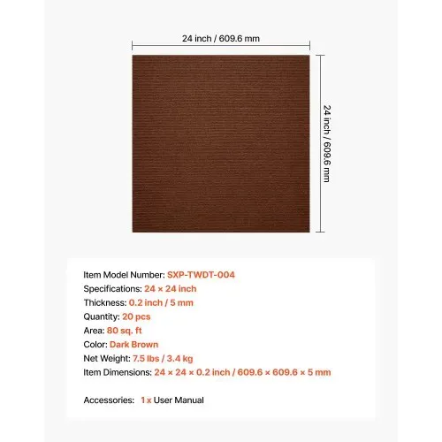 VEVOR Teppichfliesen 609,6 x 609,6 x 5 mm, 20er-Pack, selbstklebender Teppichboden mit Fläche von 7,4 m², Teppich Bodenbelag, einfacher DIY-Austausch für Wohnzimmer und Büro, Dunkelbraun – Bild 6
