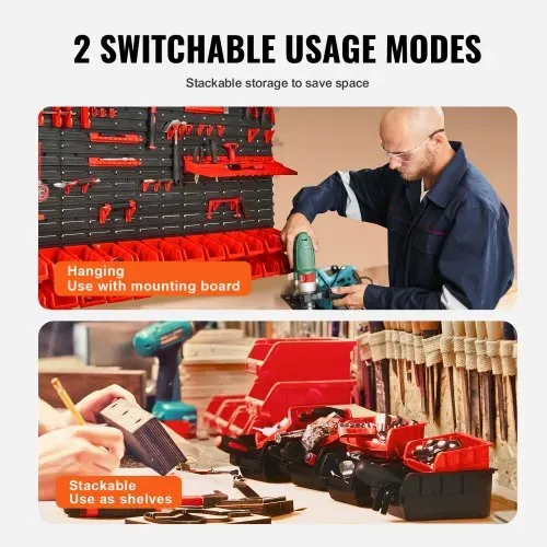 VEVOR Stapelboxen, 30-Behälter-Teileregal-Organizer für Garage, Kunststoff-Ladenwerkzeug mit Wandpaneelen/Werkzeughaltern/Haken, für Muttern, Bolzen, Schrauben, Nägel, Perlen, Knöpfe, Schwarz/Rot – Bild 2