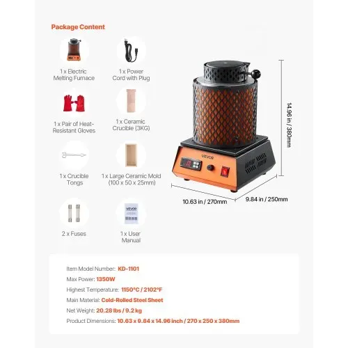 VEVOR digitaler Goldschmelzofen Maschine mit 3 kg Keramiktiegel, elektrischer Schmelzofen 1350 W max. 1150 ℃, Metallschmelzofen Set für Schmuckherstellung Metallbarren Metallkomponenten Schwarz – Bild 6