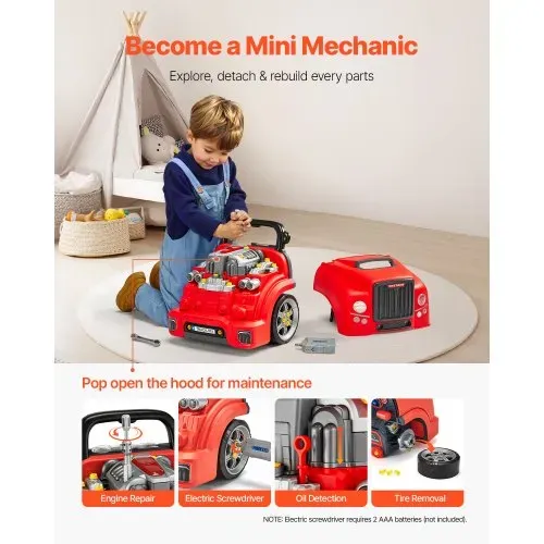 VEVOR Motorspielzeug, 60-teilig, Autoreparaturset für Kinder, mit abnehmbaren Teilen, Lichtern & Geräuschen, Lenkrad & Hupe, Mechaniker-Werkstattset für Kinder für Kleinkinder ab 3 Jahren, Rot – Bild 2
