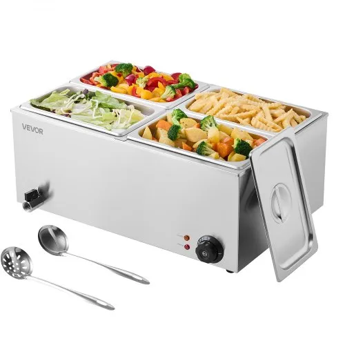 VEVOR kommerzieller Speisenwärmer, elektrischer Dampftisch mit 4 Behältern (1/4-Größe) 1200 W, Buffet-Wasserbad aus Edelstahl mit Temperaturregelung von 30–80 °C für Catering Buffets Partys VEVOR kommerzieller Speisenwärmer, elektrischer Dampftisch mit 4 Behältern (1/4-Größe) 1200 W, Buffet-Wasserbad aus Edelstahl mit Temperaturregelung von 30–80 °C für Catering Buffets Partys