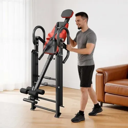 VEVOR Inversionsbank bis 126 kg, Schwerlast-Inversionstisch mit Doppelrollenverriegelung, Rückentrainer zur Entlastung von Wirbelsäule, Nacken, Rücken und Knie, Rückenstreckbank Rot Schwarz – Bild 7