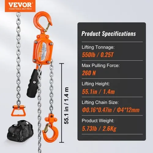 VEVOR Mini Hebelzug 0,25T Tragfähigkeit Kettenzug 260N Zugkraft Flaschenzug 1,40m Hubhöhe Ratschenzug Ф4x12mm Hubkettengröße Hebezug Weston Doppelklinkenbremse 360° drehbarer Haken Handkettenzug – Bild 6