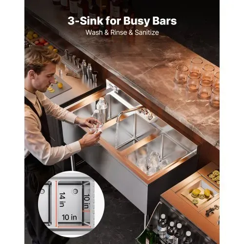 VEVOR Spülbecken mit 3 Becken & Spritzschutz & Effizientem Abfluss, Küchenspüle (978 x 470 x 838 mm), Küchenspüle für Restaurants Imbisswagen Privaten Gebrauch, Edelstahlspüle – Bild 3