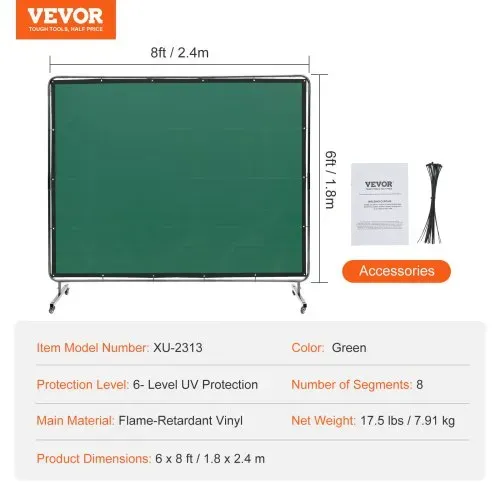 VEVOR Schweißvorhang 1,8 x 2,4m Schweißschutzvorhang aus Flammhemmendem Vinyl Schweißschutzwand mit 4 Schwenkrädern und einem 6-stufigen UV-Schutz Schweißerdecke Schweißschutz Grün – Bild 6
