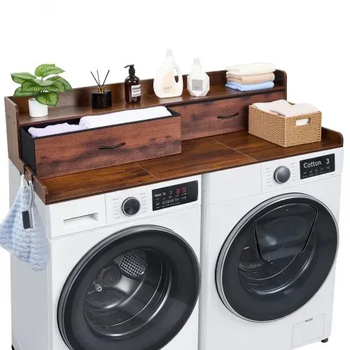VEVOR Arbeitsplatte für Waschmaschine & Trockner (137 x 69,9 cm) mit Ablage & 2 Schubladen & Haken, für Wäscheschrank Speisekammer Küchentheke, 113 kg Belastbar, Braun, Ablagefläche für Waschmittel – Bild 8