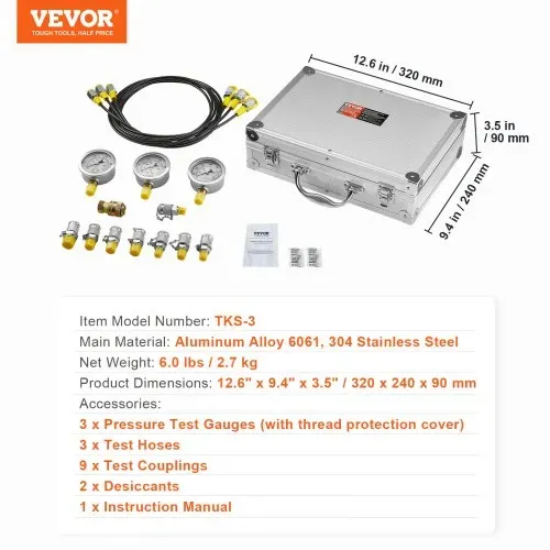 VEVOR Hydraulikdruck-Testset, 250 / 400 / 600 bar, 3 Messgeräte, 9 Prüfkupplungen, 3 Prüfschläuche, Bagger-Hydraulik-Testmessgeräte-Set mit Tragbarer Tragetasche für Bagger, Traktoren, Baumaschinen – Bild 6