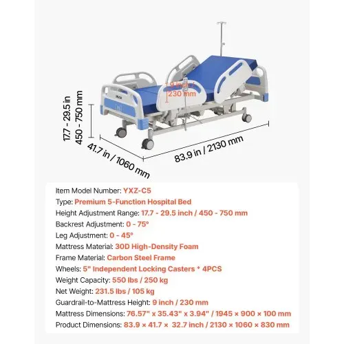 VEVOR Krankenhausbett Elektrisch, 5 Funktionen Pflegebett, mit Trendelenburg- & Anti-Trendelenburg-Funktion, Matratze, 450-750 mm Seniorennett für Häusliche Pflege, Altenheim & Krankenhaus – Bild 6