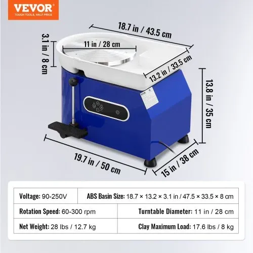 VEVOR Töpferscheibe Keramik Rad Maschine 450 W, Elektrische Töpferscheibe Maschine 28 cm 300 U/min Töpferscheibenmaschine, mit Pedal & Schürze Formmaschine, Geeignet für Anfänger, Enthusiasten – Bild 6