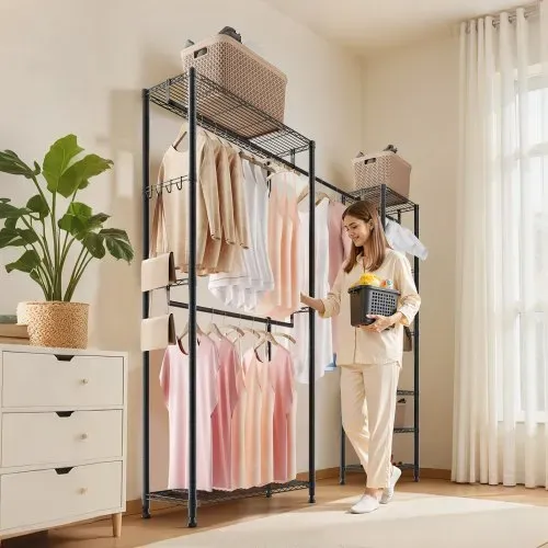 VEVOR Kleiderständer Garderobenständer mit 4 Kleiderstangen & 363 kg Tragkraft & 6 Regalen & 8 Haken, offener Kleiderschrank für Schlafzimmer Bekleidungsgeschäft Garderobe Flur Schwarz – Bild 7