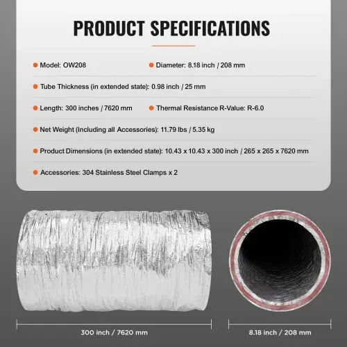 VEVOR Aluflexschlauch 7620mm lang Lüftungsschlauch Φ208mm Alu Flexrohr Luftkanal R-6 Thermischer Widerstandswert 25mm Rohrstärke Alurohr Schlauch Owens Corning-Isolierwatte Luftleitungen – Bild 6