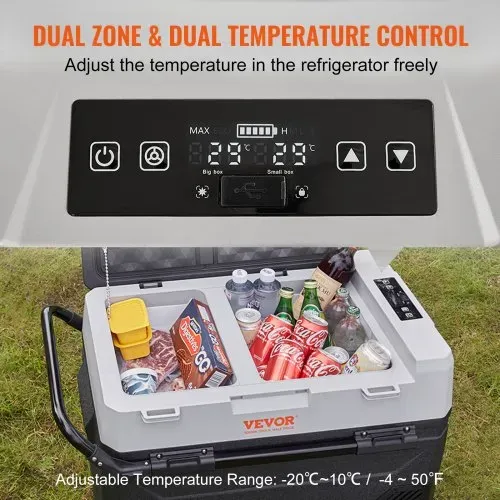 VEVOR Camping Kühlschrank 53 L Kühlbox, 12 / 24 V Rollbare Elektrische Gefrierbox 2 in 1 Doppelzone, Auto Kühlschrank Kompressor zum Warmhalten und Kühlen 60 W Tragbar Handgriff Boot, Lkw, Mobil Grau – Bild 2