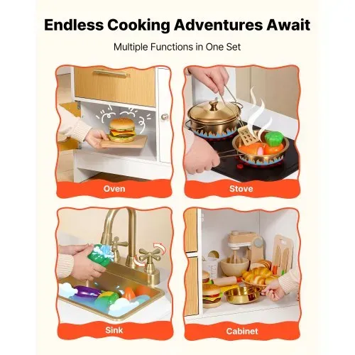 VEVOR Spielküche für Kinder, Realistische Kinderküche aus Holz mit Licht & Sound, Holzküche mit Herd Backofen Spüle Mikrowelle Schrank, Küchenspielzeug mit Kochset für Kinder von 3-8 Jahren, Beige – Bild 2