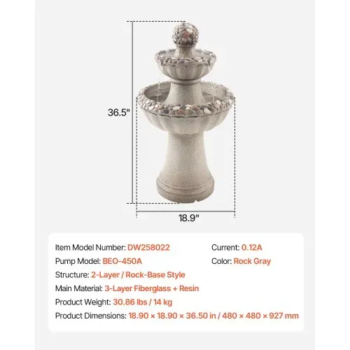 VEVOR Gartenbrunnen für den Außenbereich, 927 mm hoch, moderner 2-stufiger Wasserfall, Springbrunnen aus Fiberglas & Harz, mit Wasserpumpe, für Gärten, Terrassen, Hinterhöfe, Heimdekoration – Bild 6