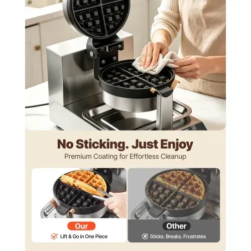 VEVOR Rundes Waffeleisen Waffel 1300 W, Kontaktgrill Belgische Waffeleisen 4 Stk. Edelstahl Waffeln Automat inkl. Lebensmittelclip & Bürsten & Verbrühungssicherer Griff, für Cafés, Restaurant usw. – Bild 5