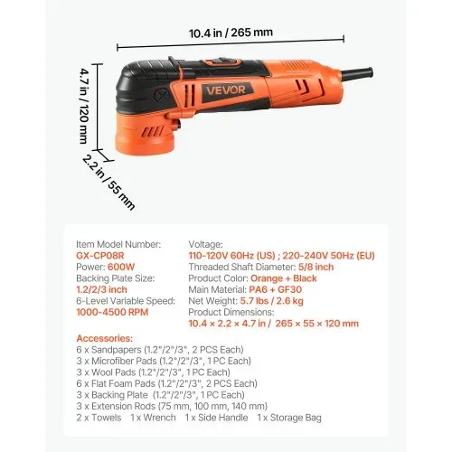 VEVOR Poliermaschine Auto, 30/50/76 mm Rotierender Autopolierer mit 6 Geschwindigkeiten 1000-4500RPM, 600W Schleifmaschinen inkl. Polierpad für Auto, Poliergerät für Wachsen Polieren Kratzerentfernung – Bild 6