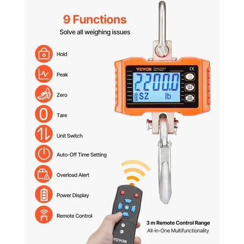 VEVOR Industrielle Hängewaage, 1000 kg, robuste digitale Kranwaage mit Fernbedienung, Lastenwaage, Gehäuse aus Aluminiumguss, hochpräzises LCD-Display für Bau, Fabrik, Bauernhof, Jagd, Orange – Bild 4