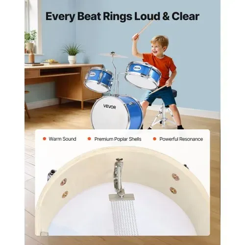 VEVOR Schlagzeugset, 3-teilig, Anfänger Drum Kit, inkl. 35,6 cm Basstrommel, 20,3 cm Tom-Tom, 25,4 cm Snare-Drum, verstellbare Drumsticks, Musik-Lernset, für Kinder von 6–13 Jahren, blau – Bild 3