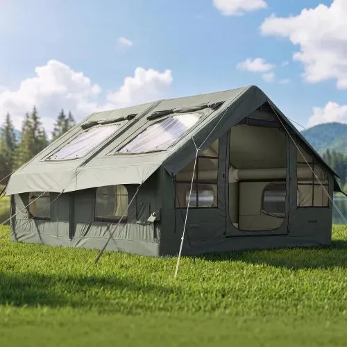VEVOR Aufblasbares Zelt Glamping Luftzelt 5-8 Personen mit Pumpe Grün, für Outdoor-Aktivität Wasserabweisendes Poly-Baumwollgewebe mit Dachfenster Ofenrohrdurchführung Netzfenster & Tragetasche – Bild 7
