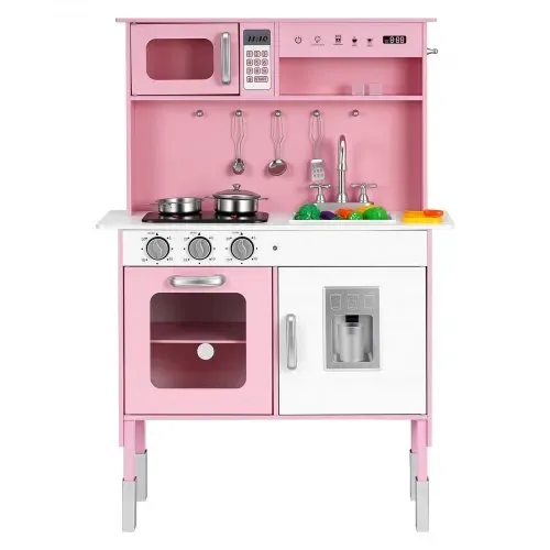 VEVOR Spielküche für Kinder, Kinderküche aus Holz mit Licht & Sound, Holzküche mit Herd Backofen Spüle Mikrowelle Eisspender & Getränkespender, Küchenspielzeug mit Kochset für Kinder ab 3 Jahren, Rosa – Bild 8