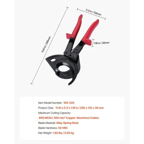 VEVOR Ratschen Kabelschneider, Kabelschere, Federstahlklingen mit Isolierten Griffen, Schnellverschlussknopf, Drahtschere zum Schneiden von Kupfer- & Aluminiumkabeln bis zu 400 mm² – Bild 6
