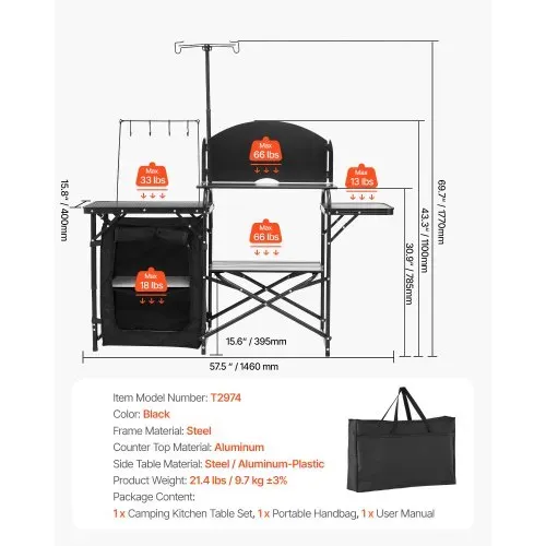 VEVOR Camping Küchentisch Outdoor Kochtisch, tragbare Kochstation aus Aluminium mit Lagerschrank & Tragetasche, & abnehmbarer Windschutzscheibe, für Grillpartys Picknicks Wohnmobilreisen, schwarz – Bild 5
