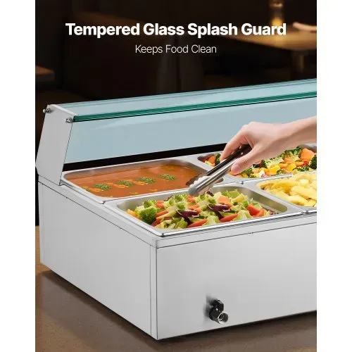 VEVOR kommerzieller Speisenwärmer (8 x 1/2 Größe Behälter), 1,7 kW elektrischer Wärmebehälter aus Edelstahl mit Glasabdeckung & Suppenkelle, Chafing Dishes für Catering Restaurant Party – Bild 3