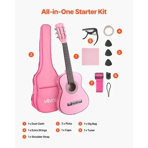VEVOR Konzertgitarre, 780 mm Holz-Klassikgitarren-Starter-Set für Anfänger, mit Nylonsaiten, Gigbag, Gurt, Stimmgerät, zusätzlichen Saiten, Plektren, Kapodaster, Linde, für Einsteiger, Studenten, Pink – Bild 6