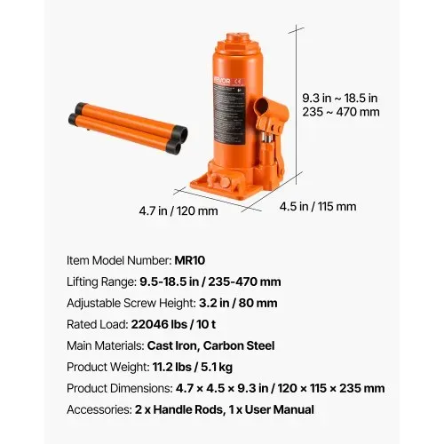 VEVOR hydraulischer Flaschenheber mit 10 t Kapazität, 235–470 mm Hubbereich, Flaschenwagenheber mit Schweißsystem für Auto Pickup SUV Autoreparatur, Stempelwagenheber Orange Wagenheber Hochleistung – Bild 6