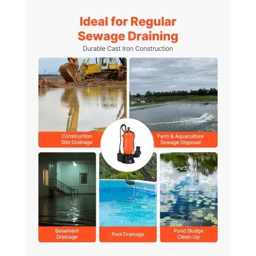 VEVOR 1500 W Tauchpumpe, 21000 l/h, Gusseisen-Schmutzwasserpumpe mit automatischem Schwimmerschalter, 18m Förderhöhe zum Abpumpen von Schmutzwasser, für Pools, Teiche & überflutete Bereiche – Bild 3
