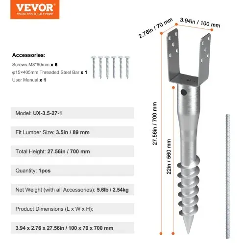 VEVOR U-Pfostenträger 1 Packung 100 x 70 x 700 mm DIY-Pfostenpfosten zum Einschrauben inkl. 6 Zugankern und einer Bewehrungsstange U-förmiger Pfostenhalter ideal für Briefkastenpfosten und Zaunpfosten – Bild 6