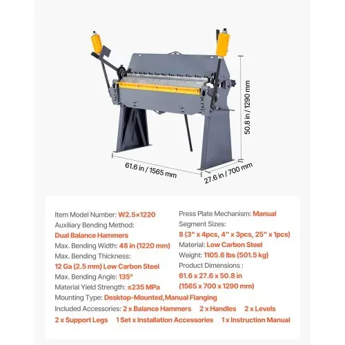 VEVOR Biegemaschine, 1220 mm Kantbank, 2,5-mm-Weichstahl-Biegedicke, 0–135 Grad einstellbar, Blechbieger, Schwenkbiegemaschine mit 8 Fingern, Blechbiegemaschine für präzises Biegen – Bild 6