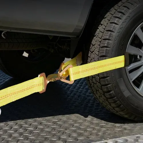 VEVOR Radspanngurt Befestigungsgurt (50,8 x 2438,4 mm) mit Federhaken & 4540 kg Zugfestigkeit & 1512 kg Tragfähigkeit, Motorrad-Spannsystem Radsicherungsgurt Reifengurt für SUVs Anhänger Gelb – Bild 7